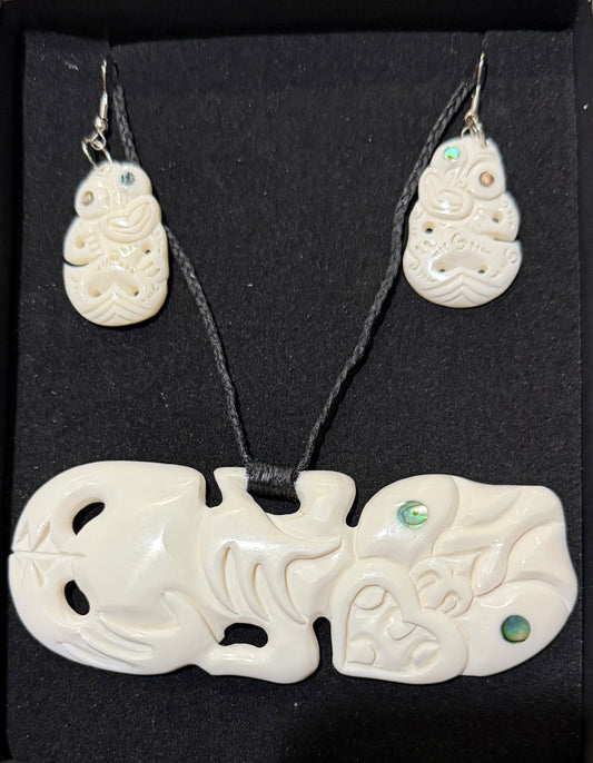 Tiki Sideway Beef Bone Set - Bone Necklace & Earrings