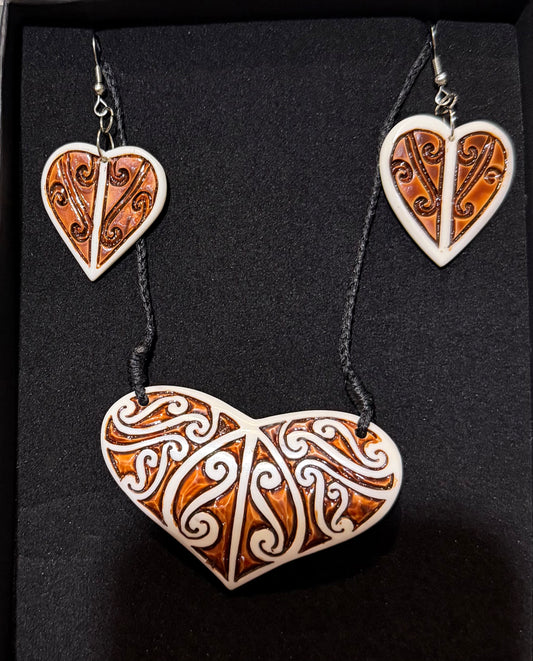 Bone Heart Set - Bone Necklace & Earrings