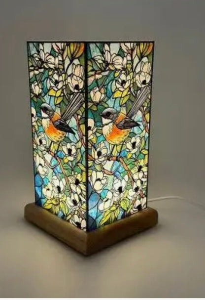 NZ Native Fantail  and Manuka Tree - Stain Glass lamp