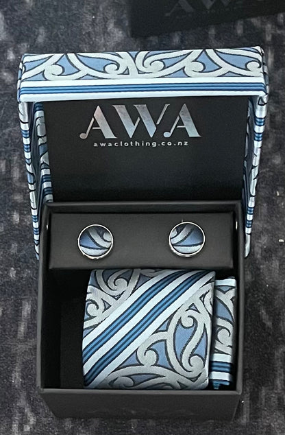 Neck Tie With Matching Cuff Links and Pocket Handkerchief in Maori Design