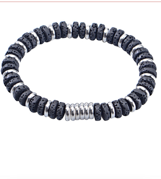 Black Volcano Rock - Stainless Steel Bracelet