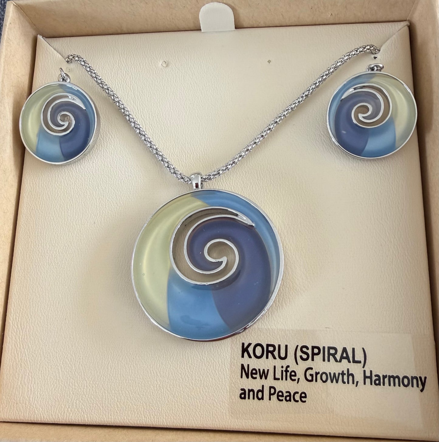 Navy Blue Yellow Koru Necklace and Earrings