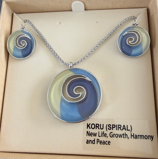 Navy Blue Yellow Koru Necklace and Earrings