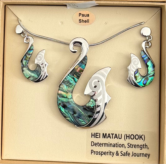 Paua Hei Matau Necklace and Earrings
