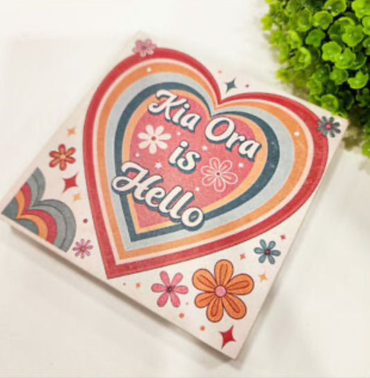 Kia Ora is Hello Printed directly on plywood.