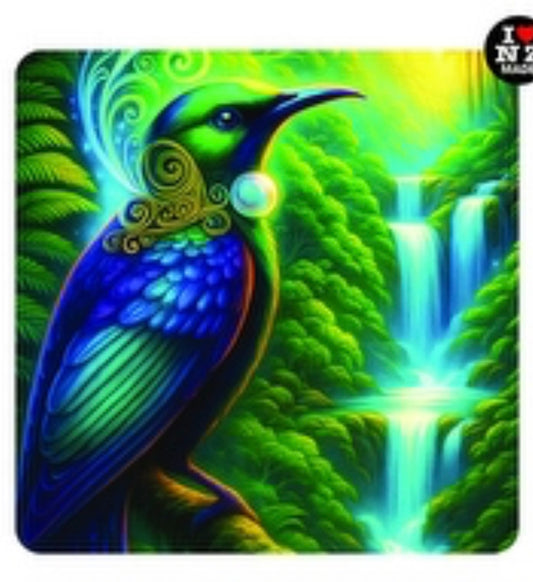 Maori Art Coaster by Artist Doug Healey - Tui at the Waterfall