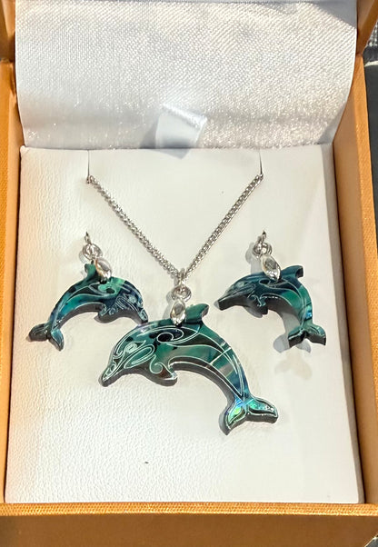 Paua dolphin Necklace and Earrings