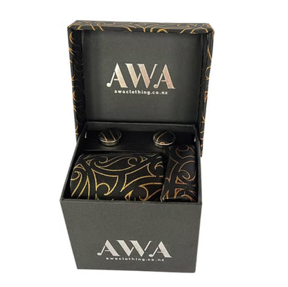 Neck Tie With Matching Cuff Links and Pocket Handkerchief in Maori Design