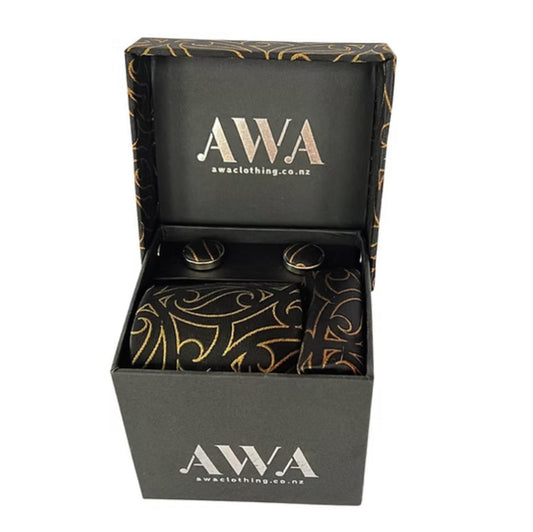 Neck Tie With Matching Cuff Links and Pocket Handkerchief in Maori Design