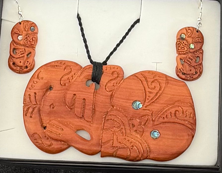 Wooden tiki and earring set