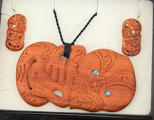 Wooden tiki and earring set