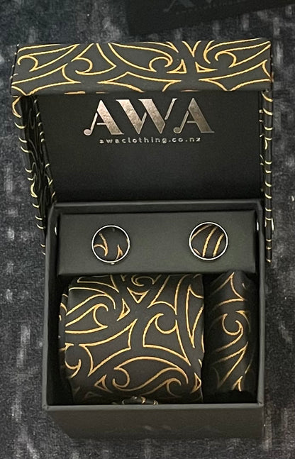 Neck Tie With Matching Cuff Links and Pocket Handkerchief in Maori Design