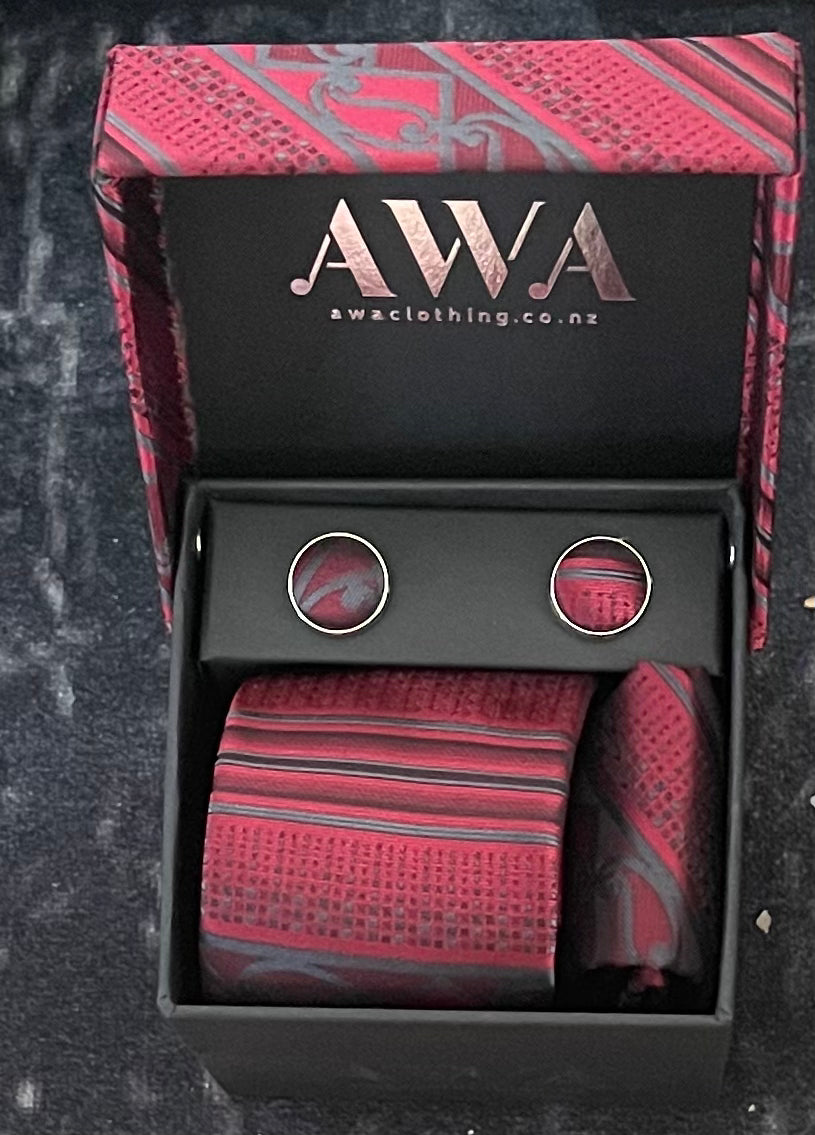 Neck Tie With Matching Cuff Links and Pocket Handkerchief in Maori Design