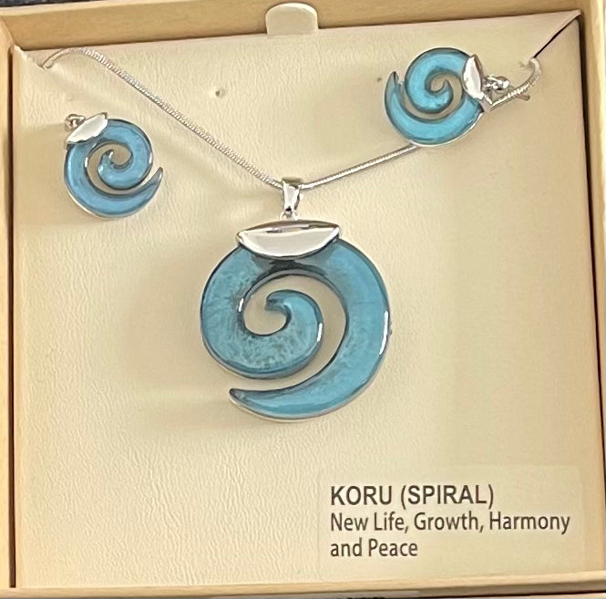 Blue-resin koru Necklace and Earrings