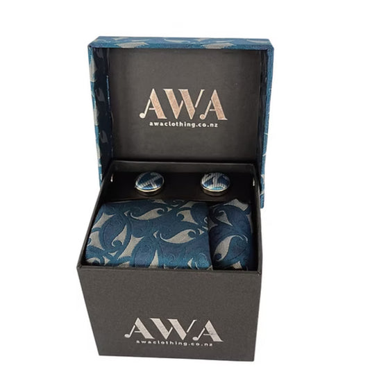 Neck Tie With Matching Cuff Links and Pocket Handkerchief in Maori Design