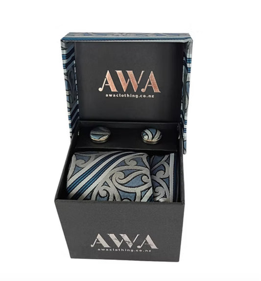 Neck Tie With Matching Cuff Links and Pocket Handkerchief in Maori Design