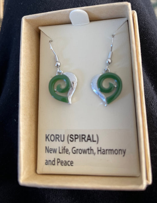 Jade and Silver Heart Koru Earrings