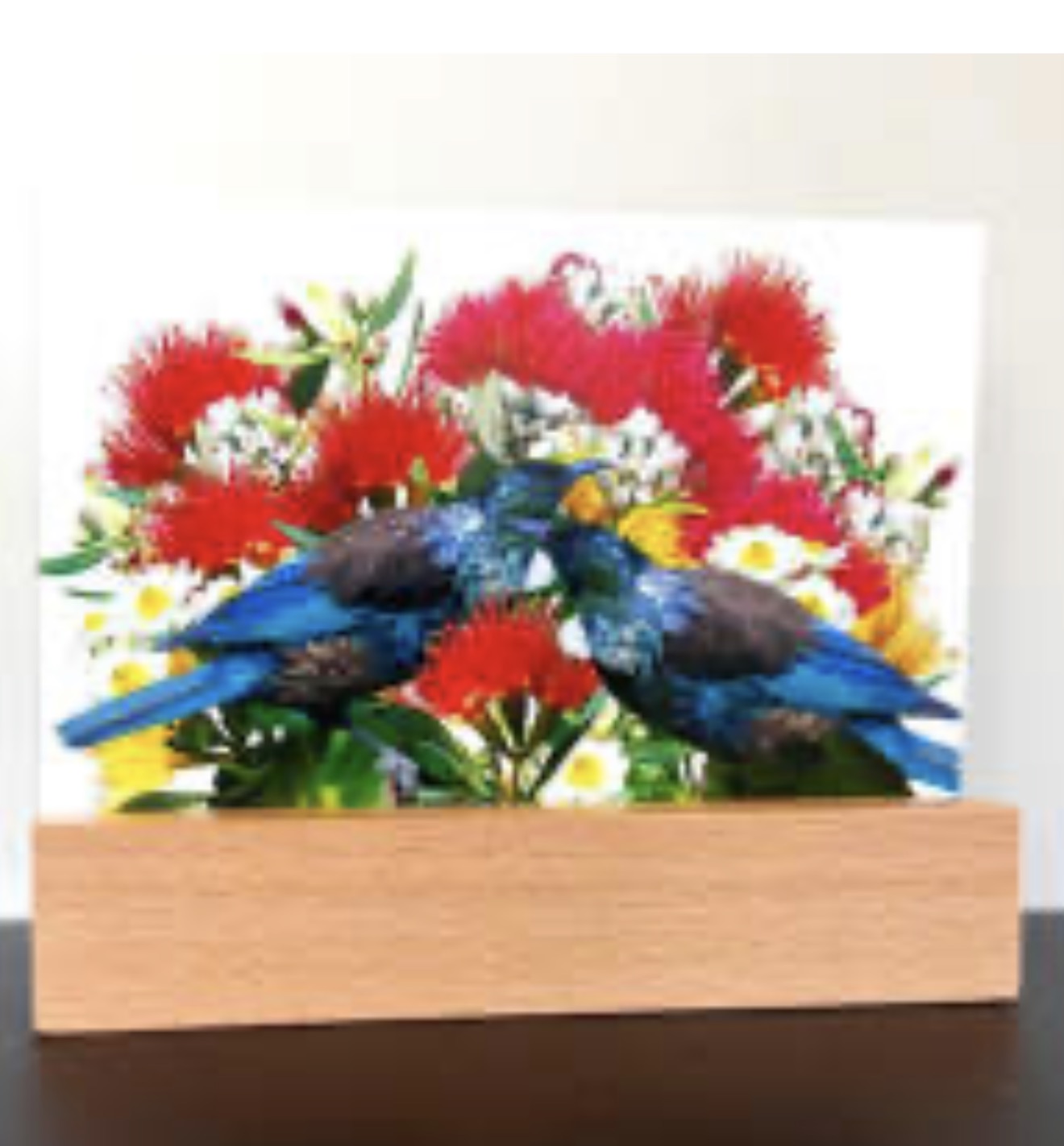 Glass block on a stand Tui’s on Pohutukawa - Art Panel