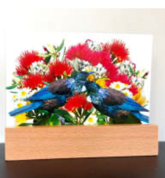 Glass block on a stand Tui’s on Pohutukawa - Art Panel