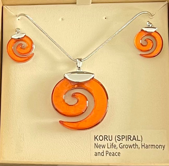 Orange Resin Koru Necklace and Earrings