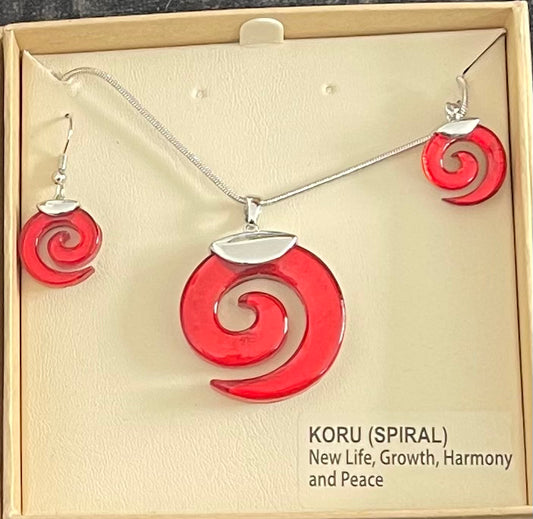 Red Resin Koru Necklace and Earrings