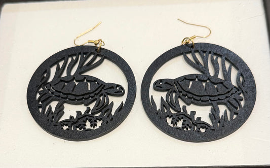 Wooden Black Turtle Earrings