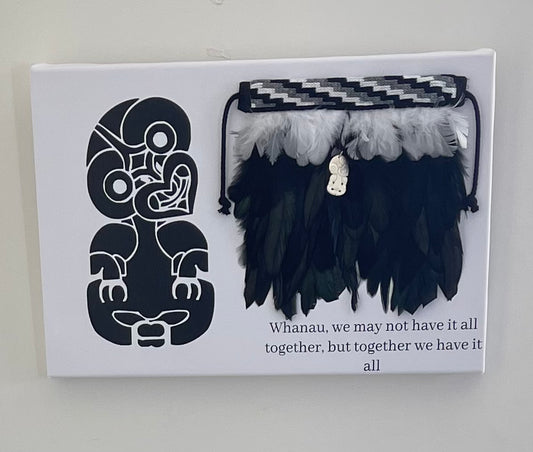 Korowai with a decorative box featuring a Maori Tiki and text.