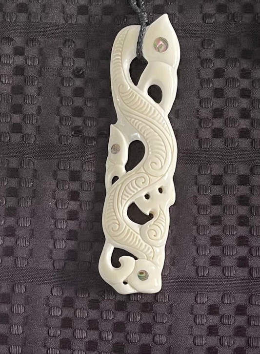 Triple manaia Pendant with Paua Bottom - Bone Carving