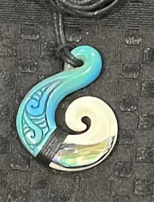 Blue Hei Matau Koru Wood- Bone Painted Pendant