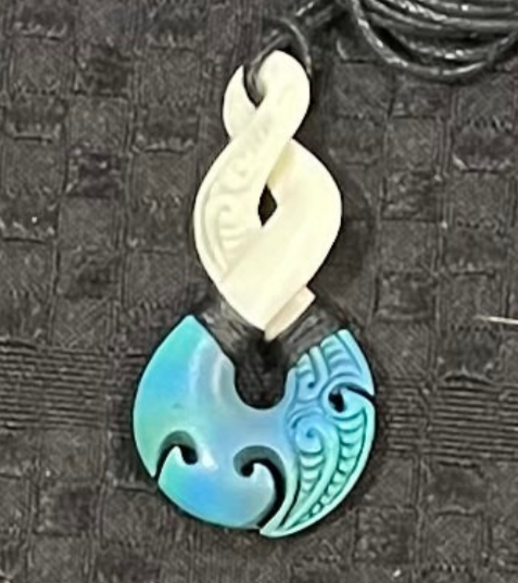 Blue Double Twist Koru Wood- Bone Painted Pendant