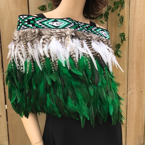 Emerald Green coque, white hen feather korowai maori cape
