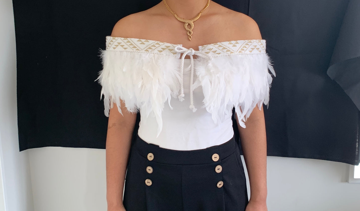 White Wedding Feathered Maori Cape with a gold threaded band