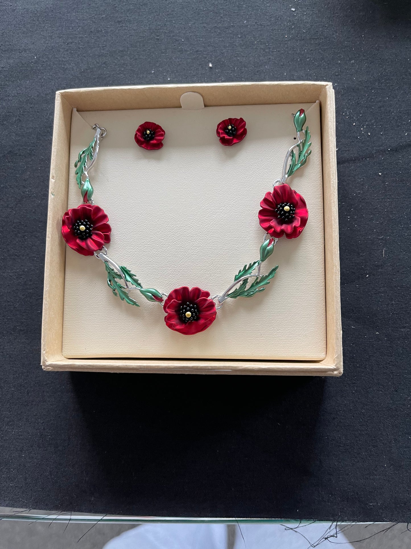 Red Poppy Necklace and Earrings