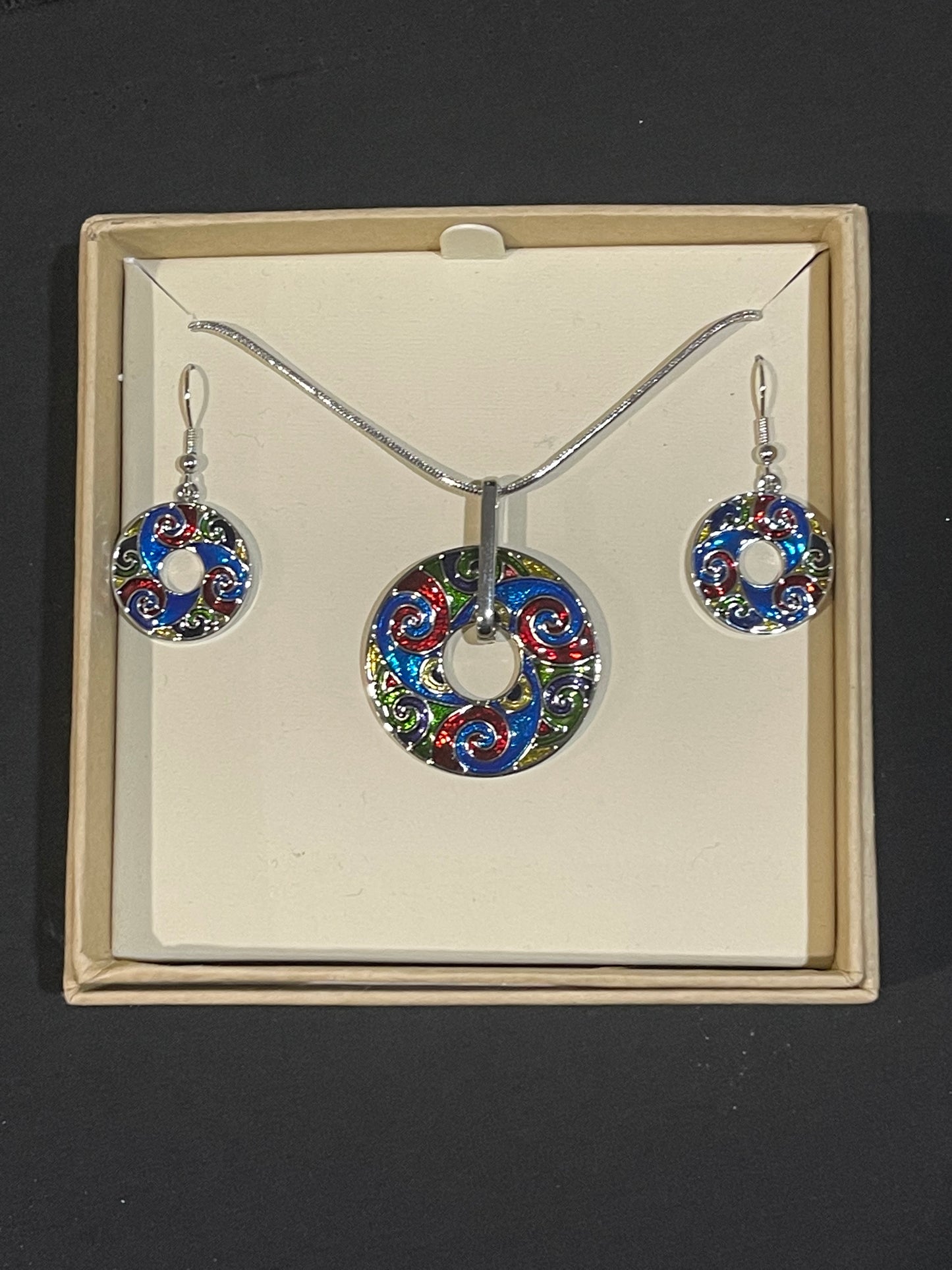 Colourful Koru Disc Necklace and Earrings
