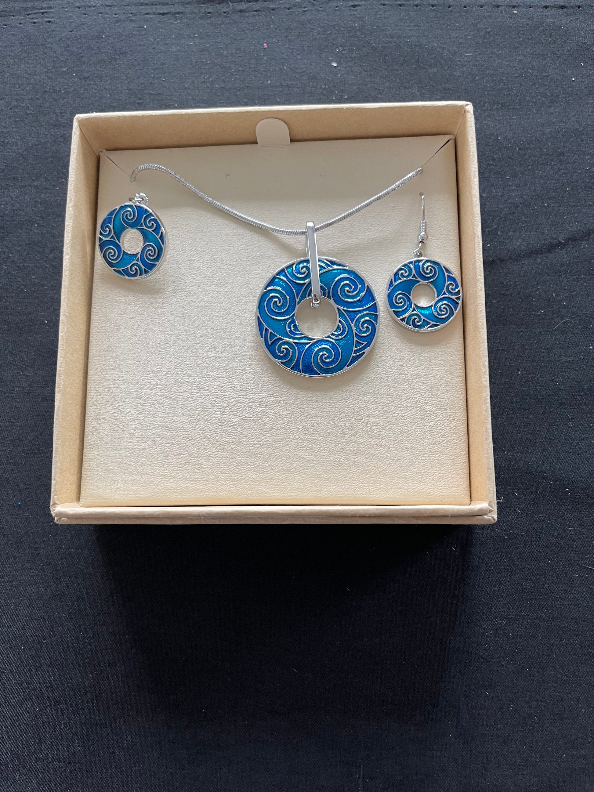 Blue Disc Koru Necklace and Earrings