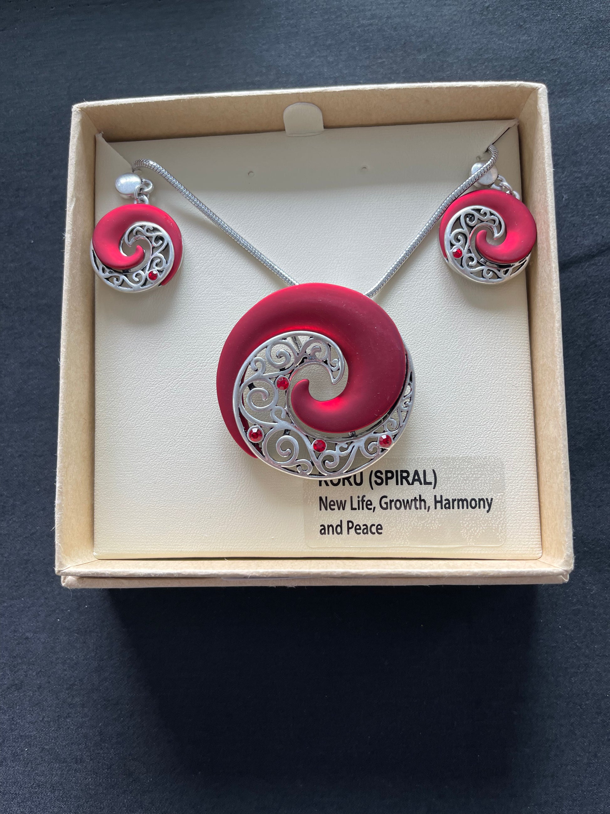 Red Silver Koru Necklace and Earrings