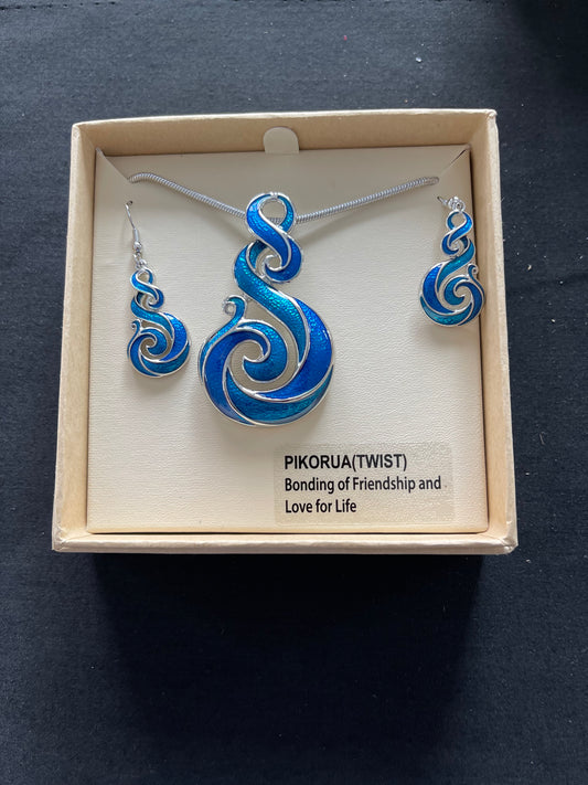Blue Koru Twist Necklace and Earrings