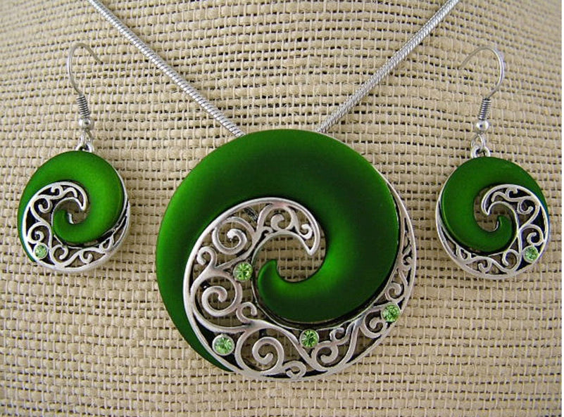 Emerald Koru Necklace and Earrings