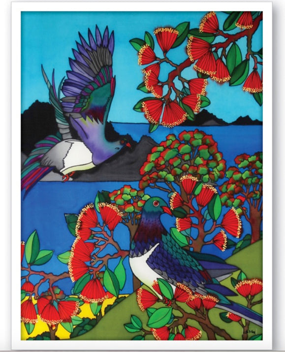small maori artwork is framed its a Jo May Canvas Wood Pigeon print