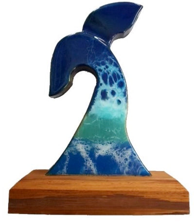 Large Wooden NZ rimu whales tail on base with blue resin